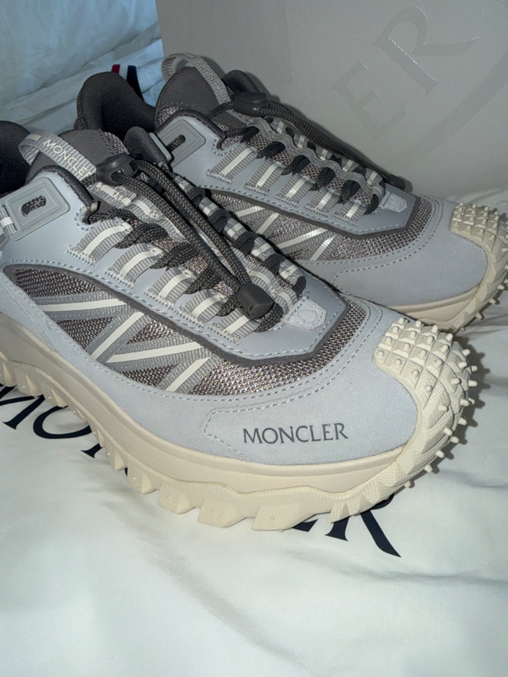 Moncler Gray & Cream Trail Runner Sneakers with Subtle Purple Accents - Picture 7 of 7